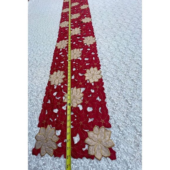 Christmas Flower Rectangular Embroidered Table Runner Red Gold Flower 68x12 - Picture 7 of 9